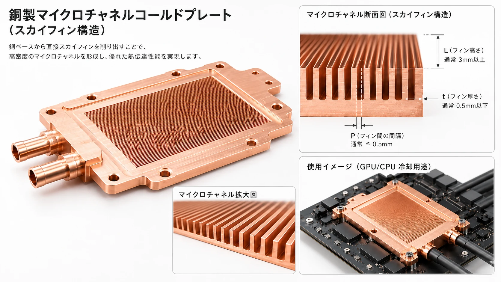 銅製スカイブフィン微細流路冷板