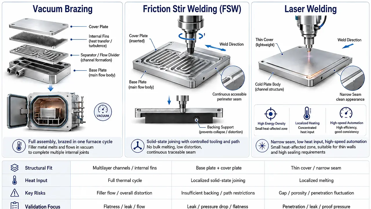 Comparison of vacuum brazing, friction stir welding and laser welding for cold plates