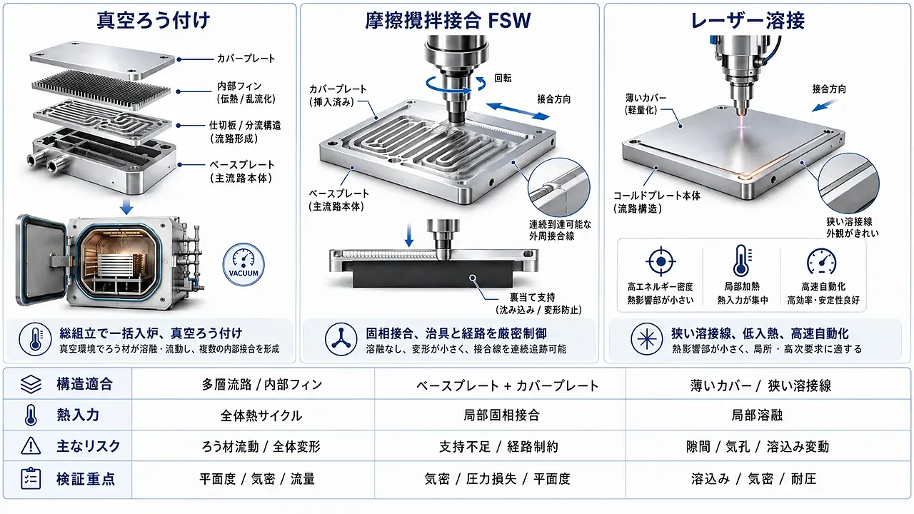 コールドプレートの真空ろう付け、摩擦攪拌接合、レーザー溶接の比較