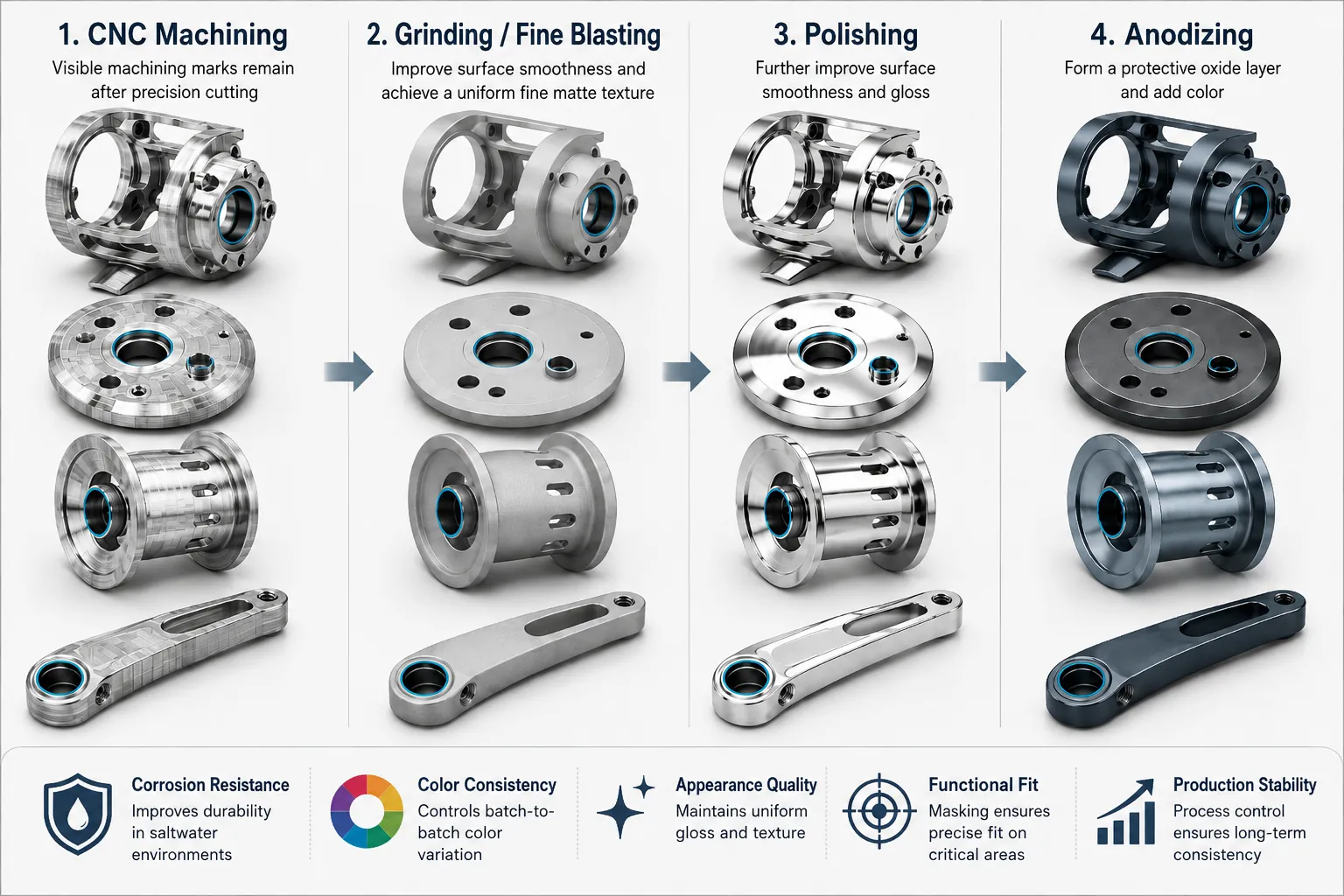 Fishing reel aluminum parts surface finishing process from CNC machining and fine blasting to polishing and anodizing