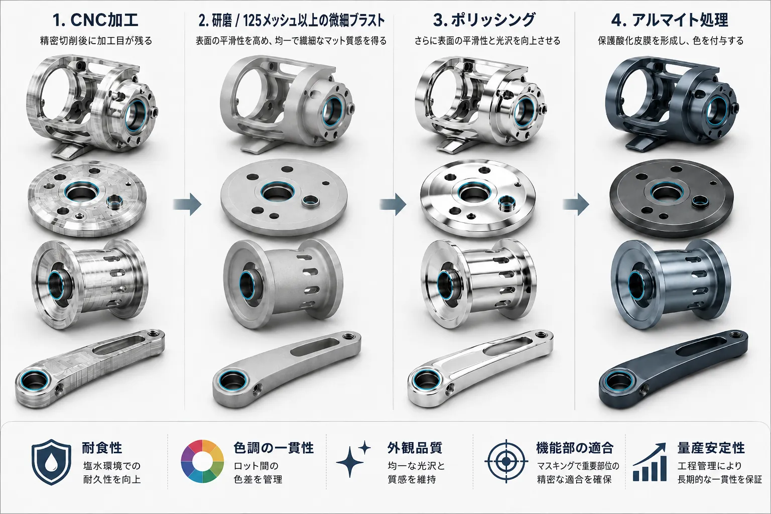釣りリール用アルミ部品のCNC加工、研磨・125メッシュ以上の微細ブラスト、ポリッシング、アルマイト処理工程