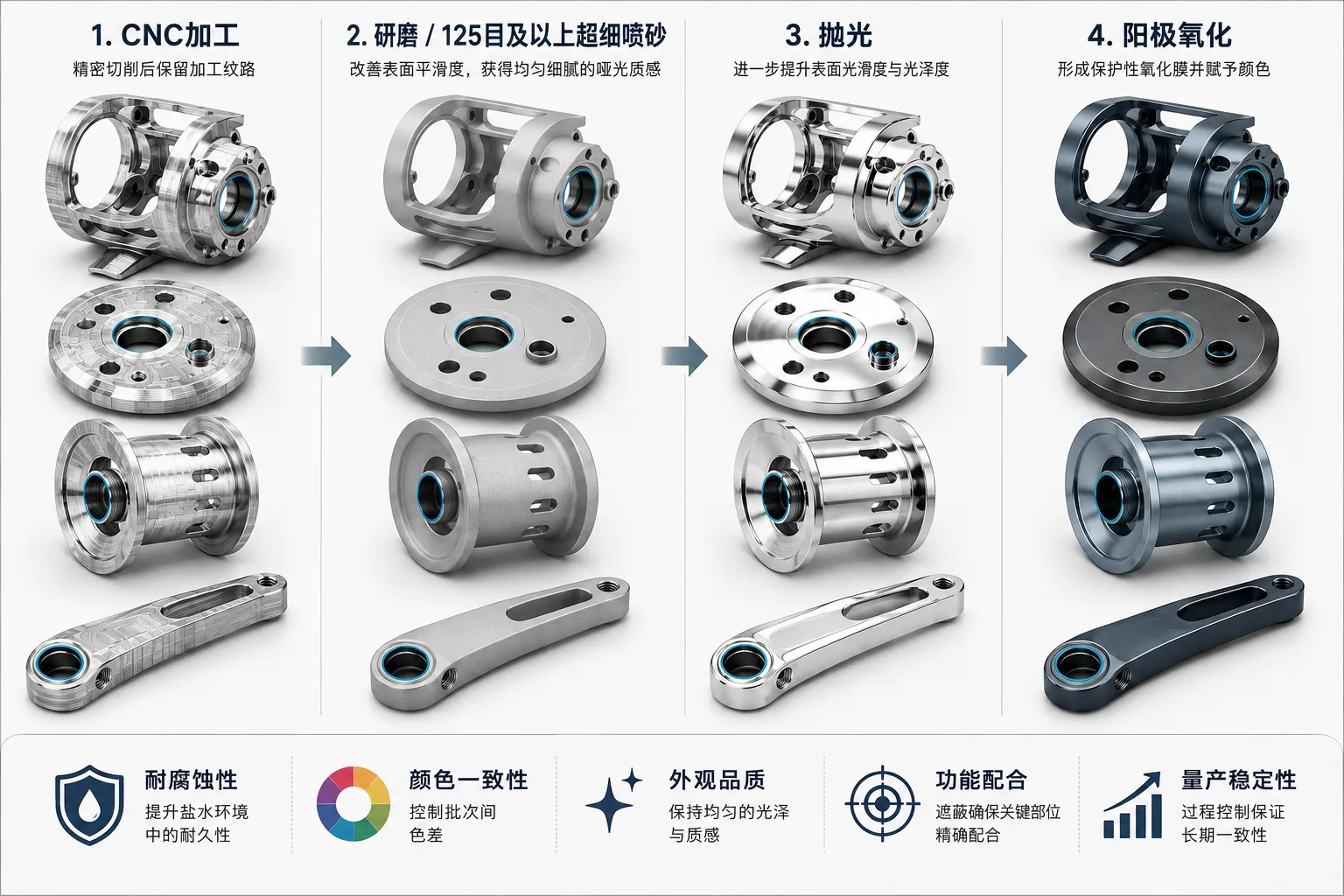 渔轮铝合金零件从CNC加工、研磨与125目以上细喷砂、抛光到阳极氧化的表面处理流程