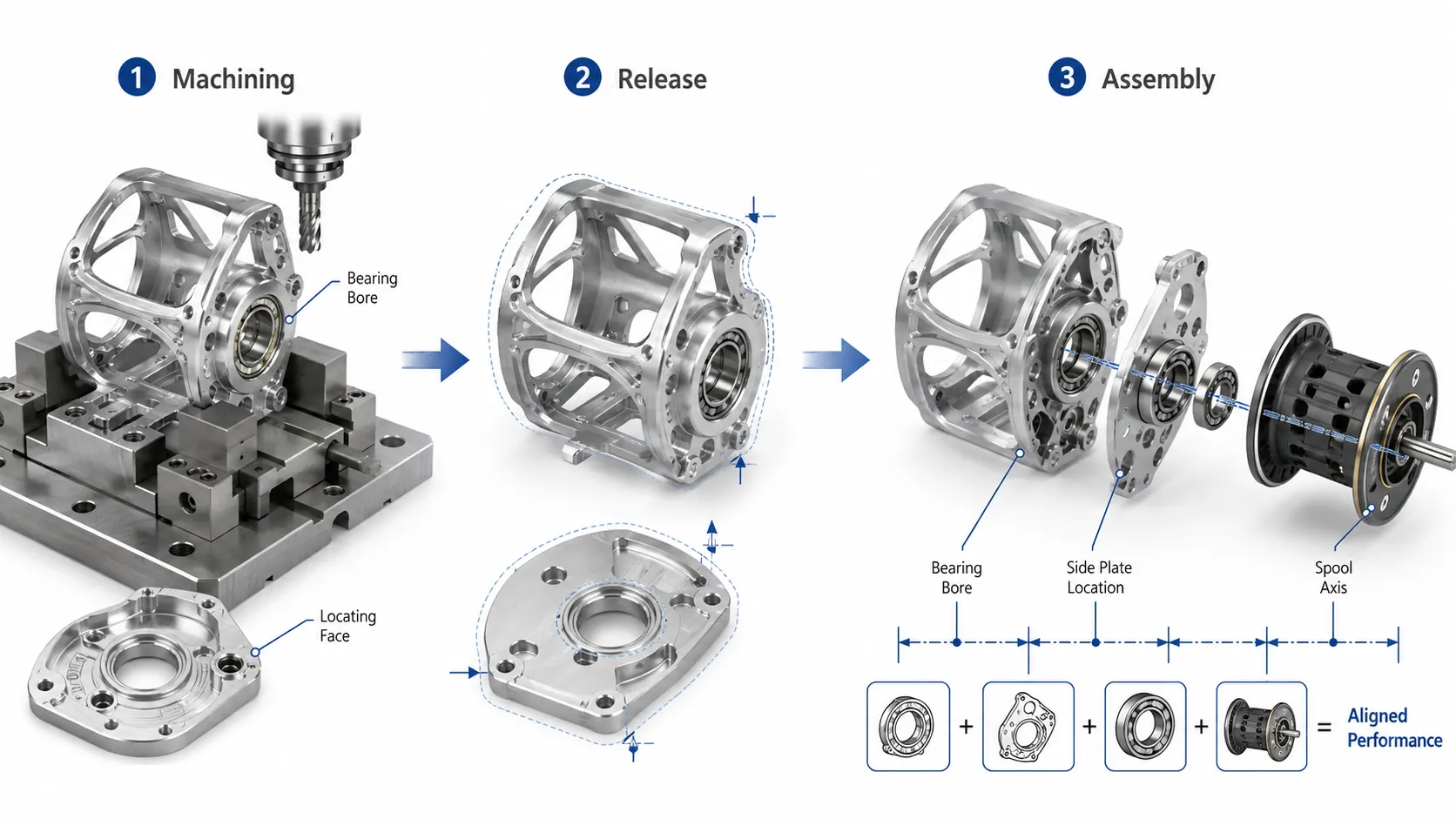 Fishing reel frame and side plate distortion control from CNC machining and unclamping to final assembly verification