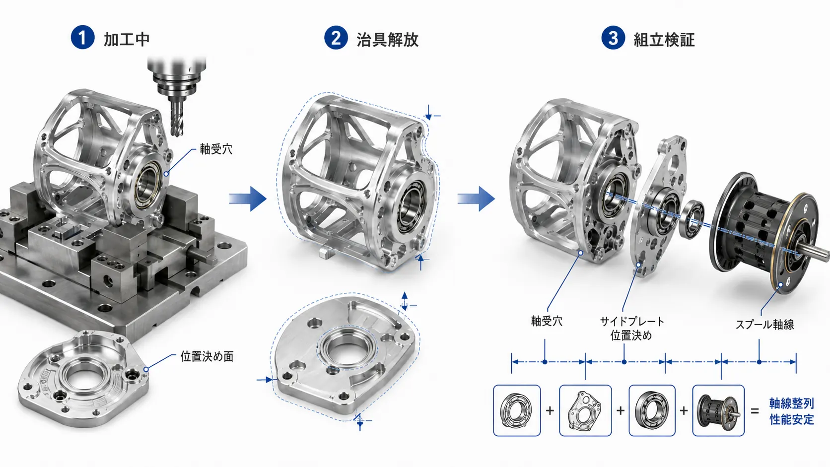 釣りリールのボディとサイドプレートのCNC加工から治具解放、組立検証までの変形管理図