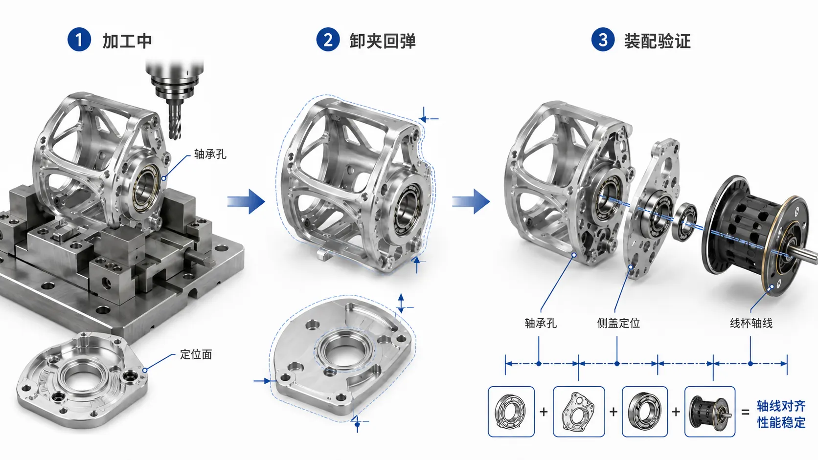 渔轮机身和侧盖从CNC加工、卸夹回弹到装配验证的变形控制示意图