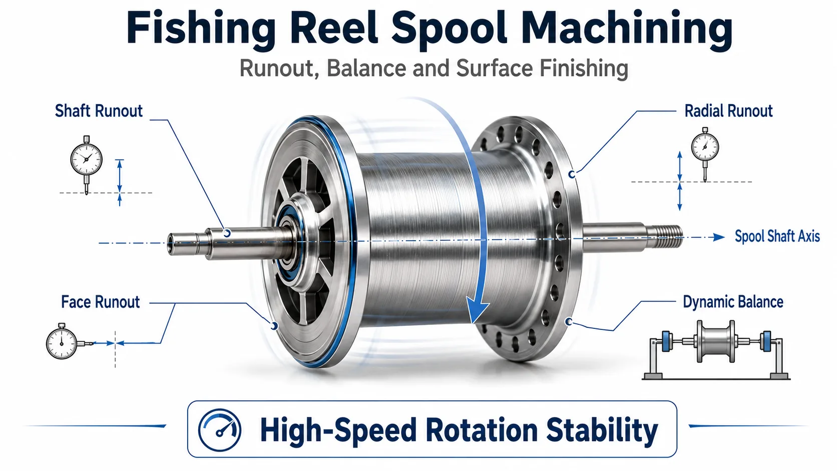Technical diagram of fishing reel spool machining showing shaft runout, radial runout, face runout, dynamic balance and spool shaft axis