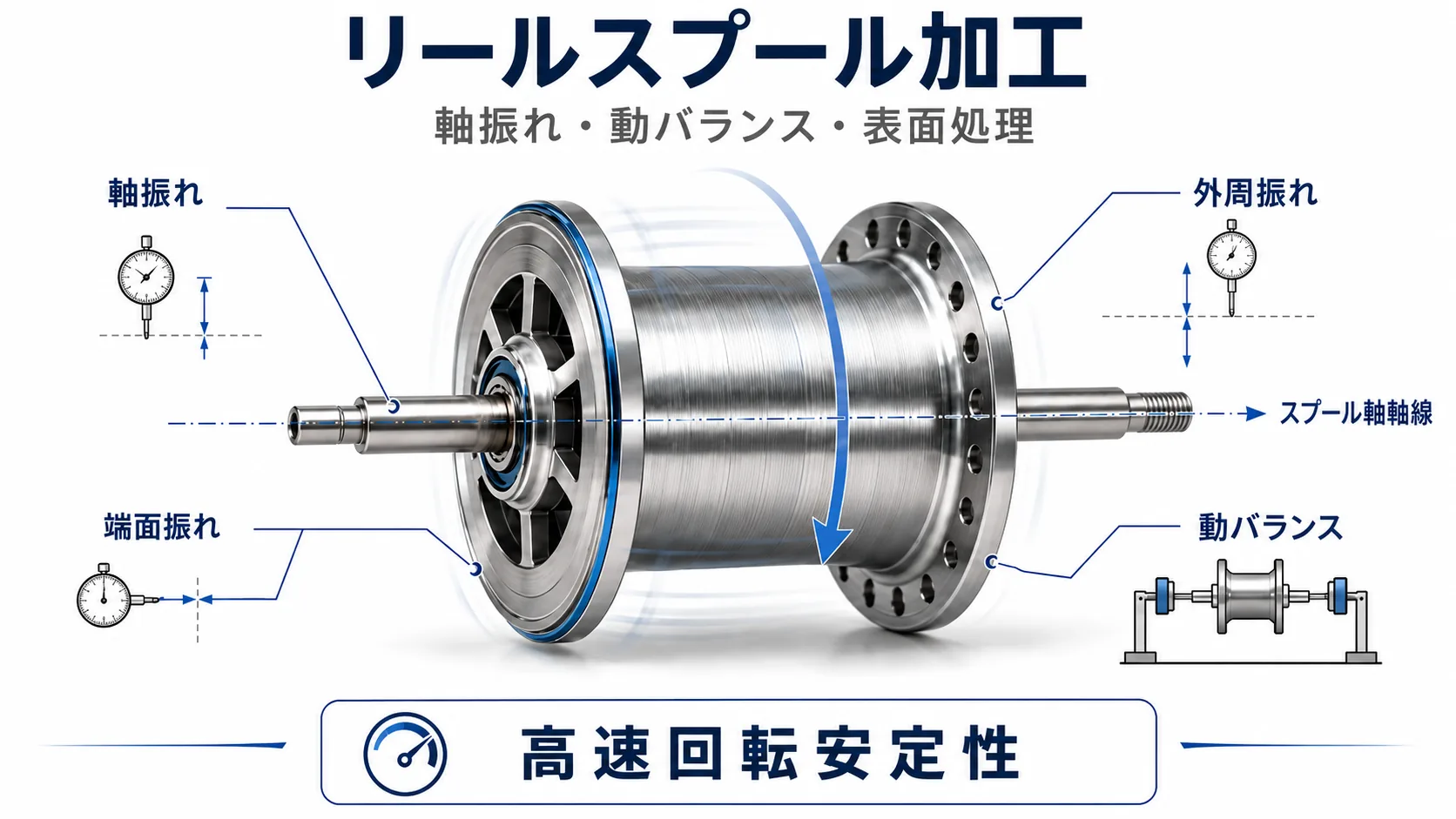 釣りリールのスプール加工における軸振れ、外周振れ、端面振れ、動バランス、スプール軸軸線の技術図