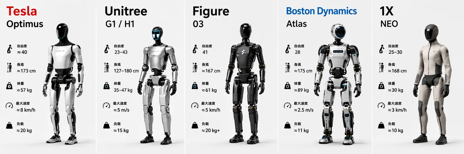 全球领先人形机器人技术路线对比:Tesla Optimus、Unitree G1/H1、Figure 03、Atlas与NEO