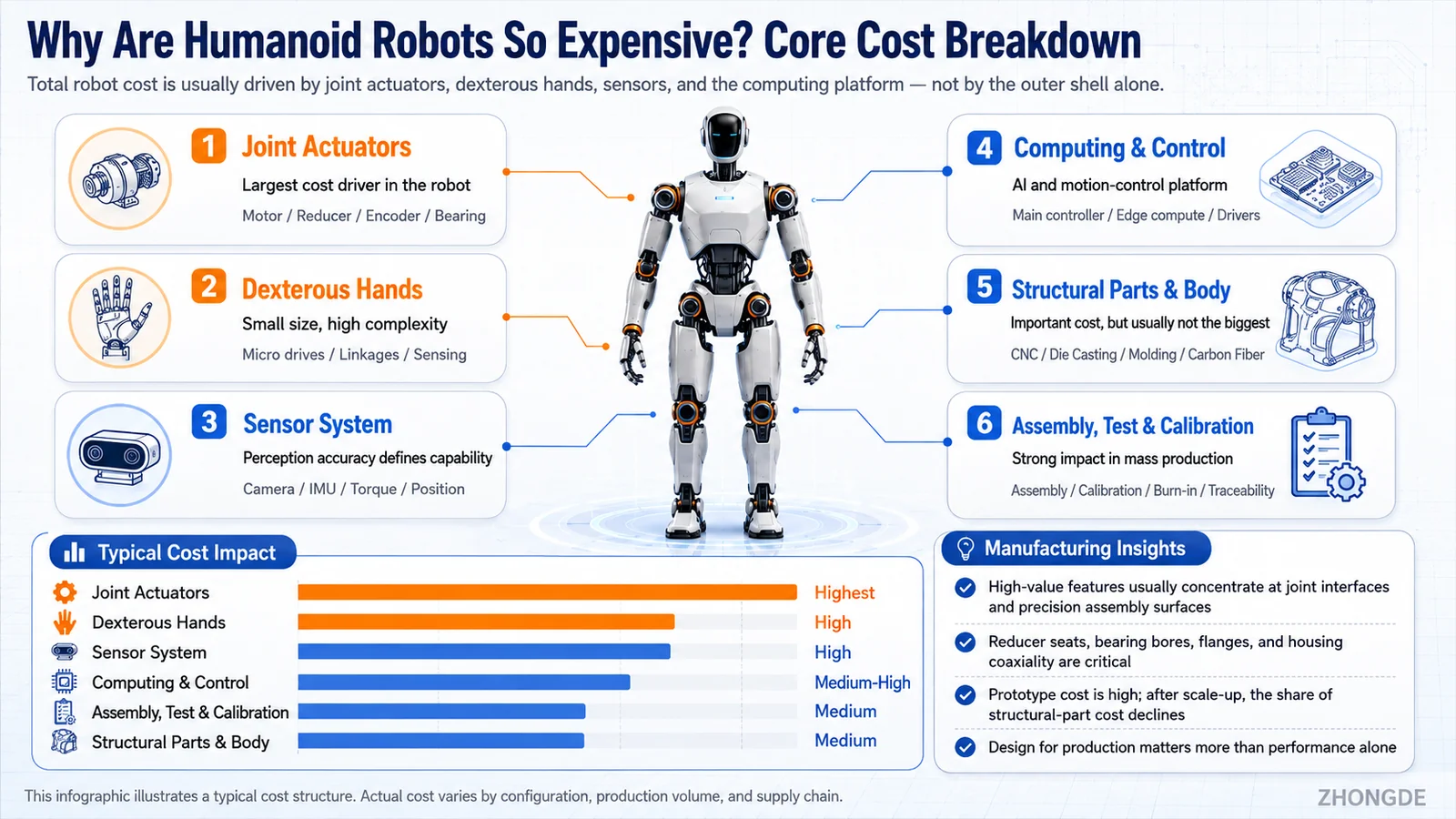 Humanoid robot core cost breakdown covering joint actuators, dexterous hands, sensors, computing, structural parts, assembly and calibration