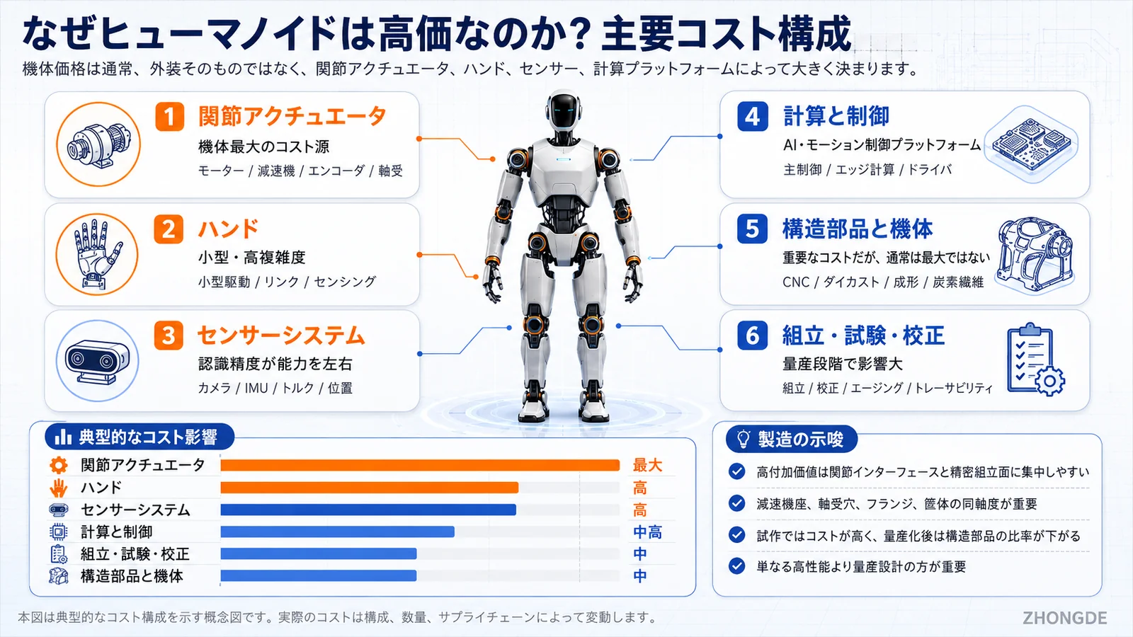 ヒューマノイドの関節アクチュエータ、ハンド、センサー、計算、構造部品、組立校正の主要コスト構成図