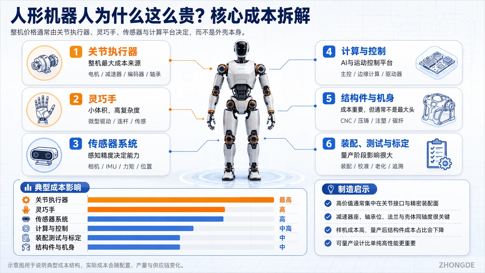 人形机器人关节执行器、灵巧手、传感器、计算平台、结构件与装配标定的核心成本拆解图