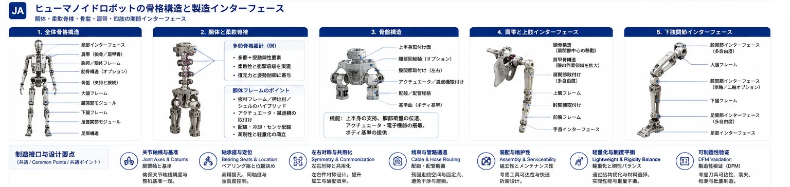 ヒューマノイドロボットの骨格構造はどう製造するか:胴体・骨盤・四肢フレーム
