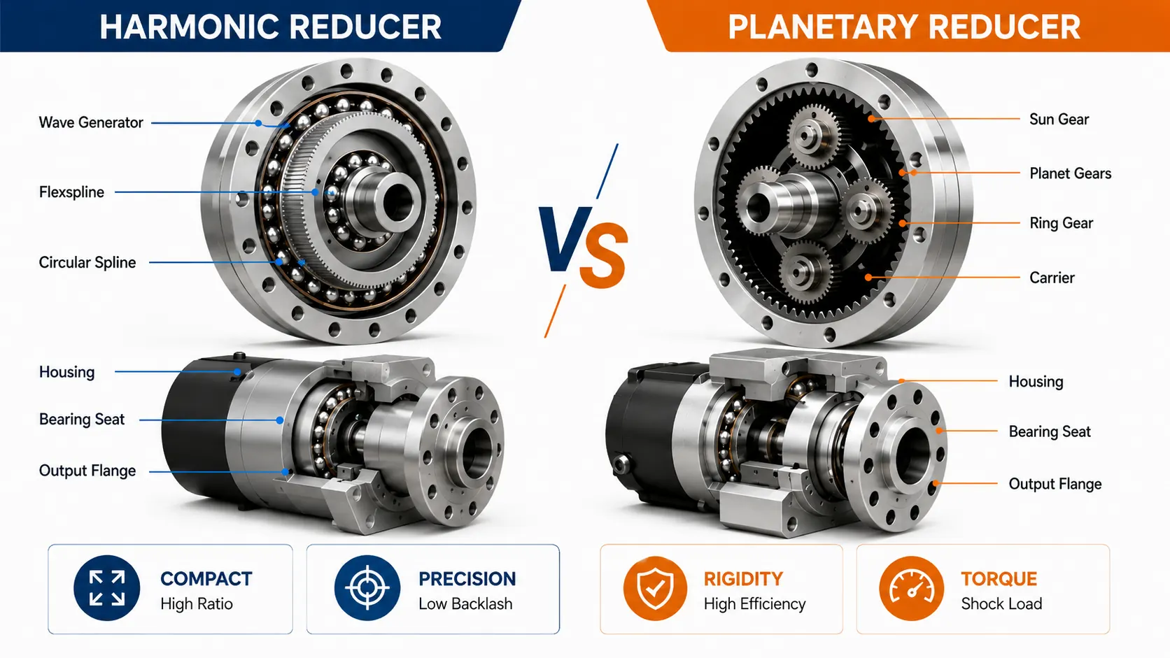 Harmonic reducer versus planetary reducer structure, housing, bearing seat and output flange comparison for humanoid robot joints