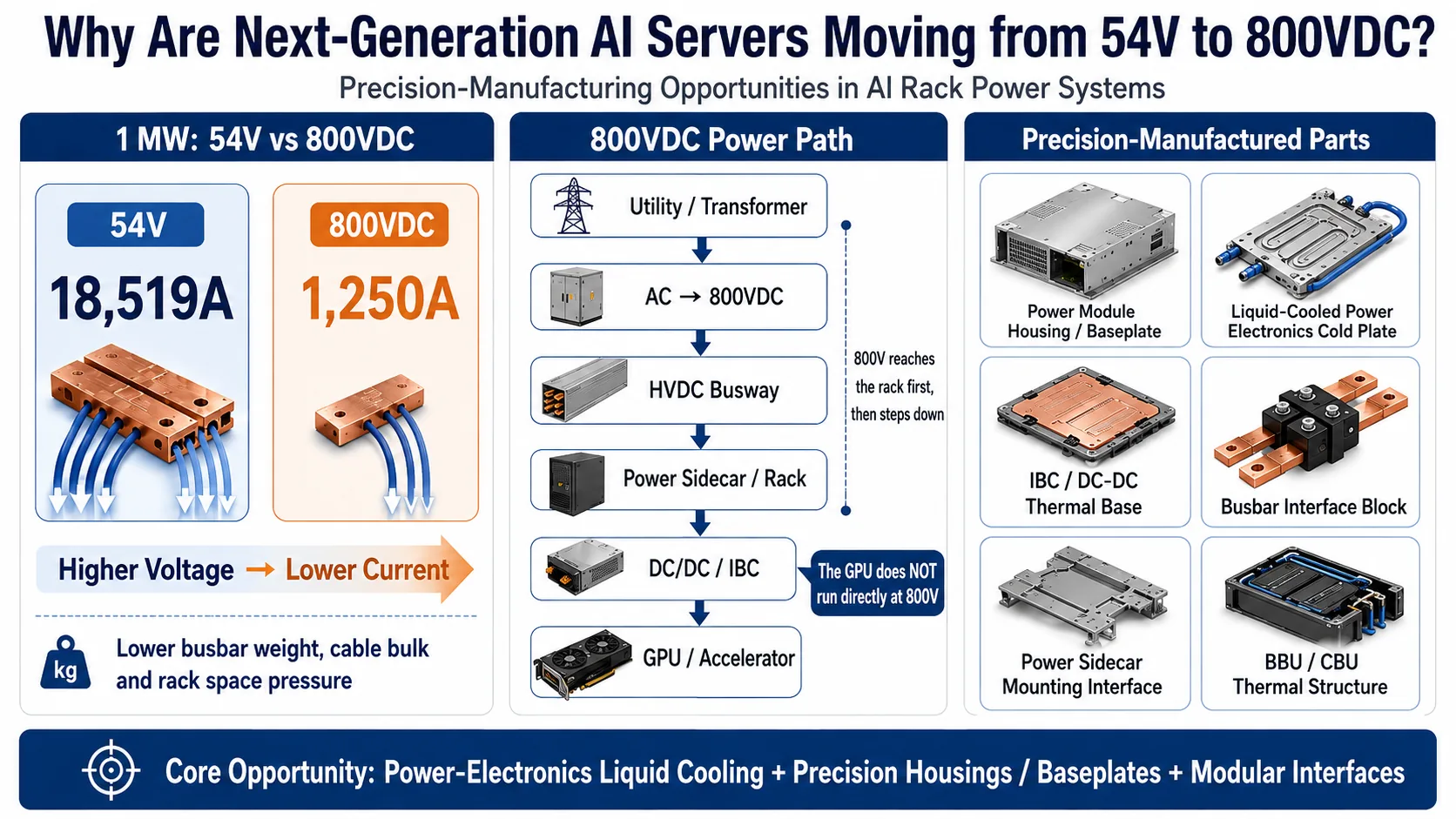 Why next-generation AI servers are moving from 54V to 800VDC, with precision-manufacturing opportunities in AI rack power systems