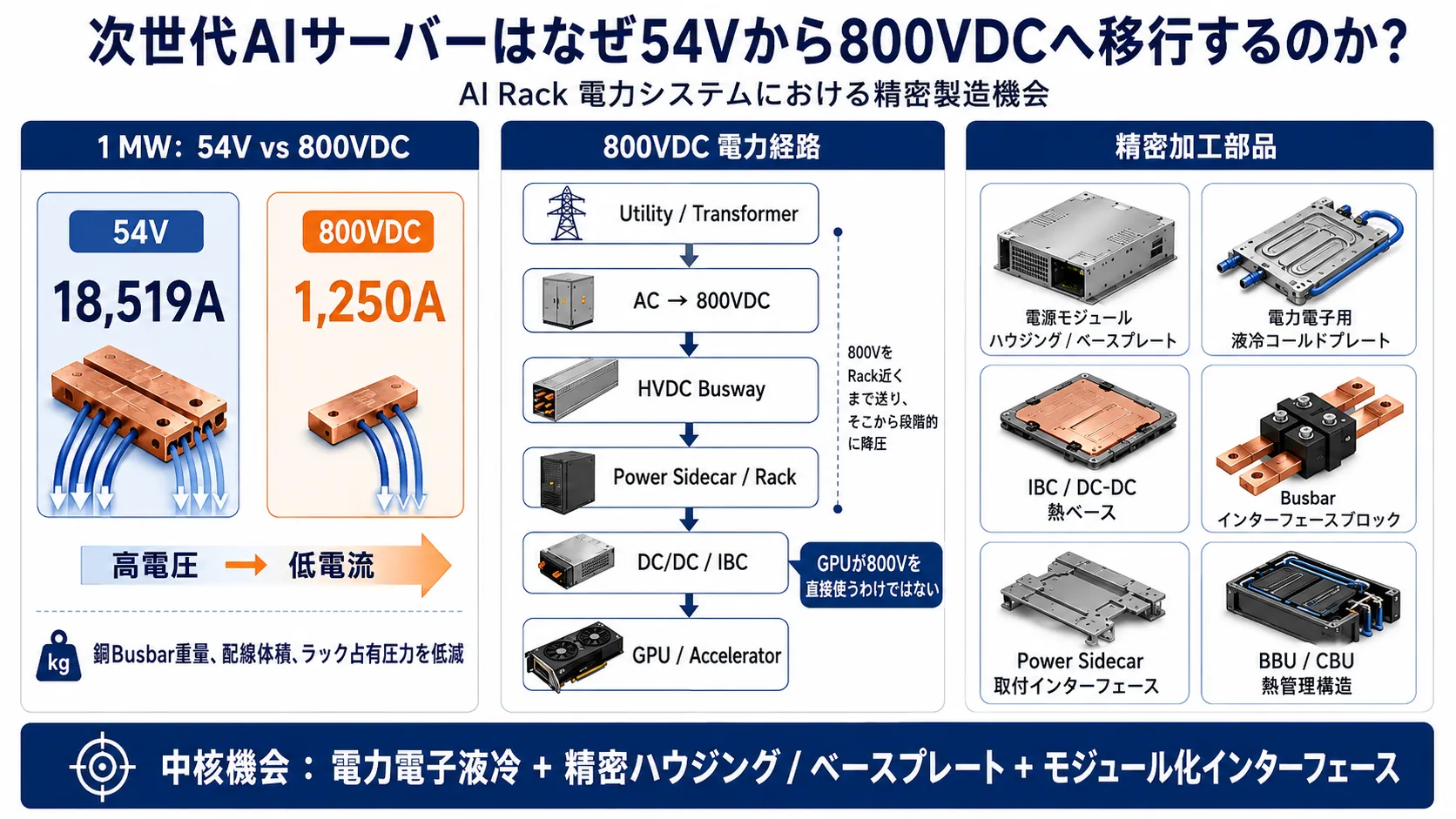 次世代AIサーバーが54Vから800VDCへ移行する理由と、AIラック電源システムにおける精密加工機会