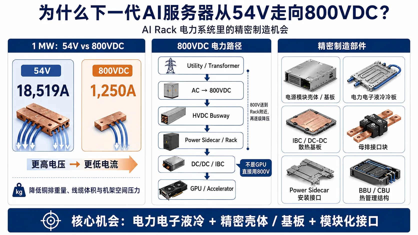 为什么下一代AI服务器从54V走向800VDC,AI Rack电力系统中的精密制造机会图解