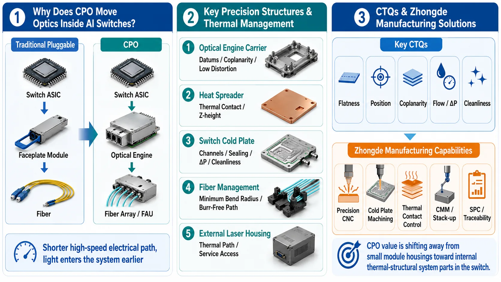How CPO moves optics inside AI switches and shifts manufacturing value toward optical engine carriers, heat spreaders, switch cold plates, fiber management and precision CTQs