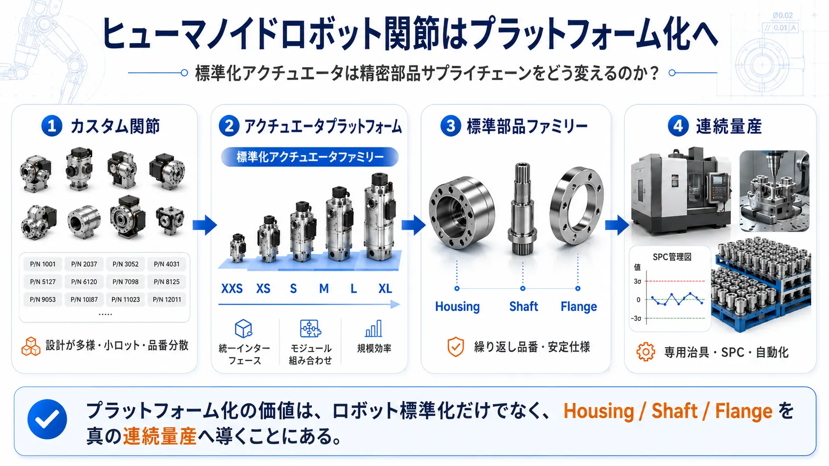 ヒューマノイドロボット関節がカスタム設計からアクチュエータプラットフォーム、標準部品ファミリー、連続量産へ移行する流れ
