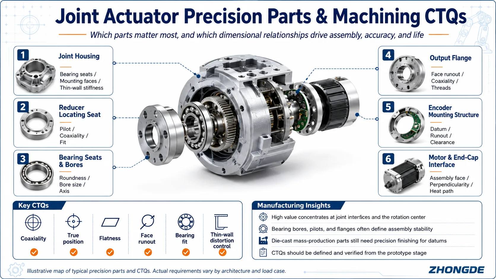 Joint actuator precision-parts and machining-CTQ diagram showing the housing, reducer locating seat, bearing bores, output flange, encoder interface and motor end-cap interface