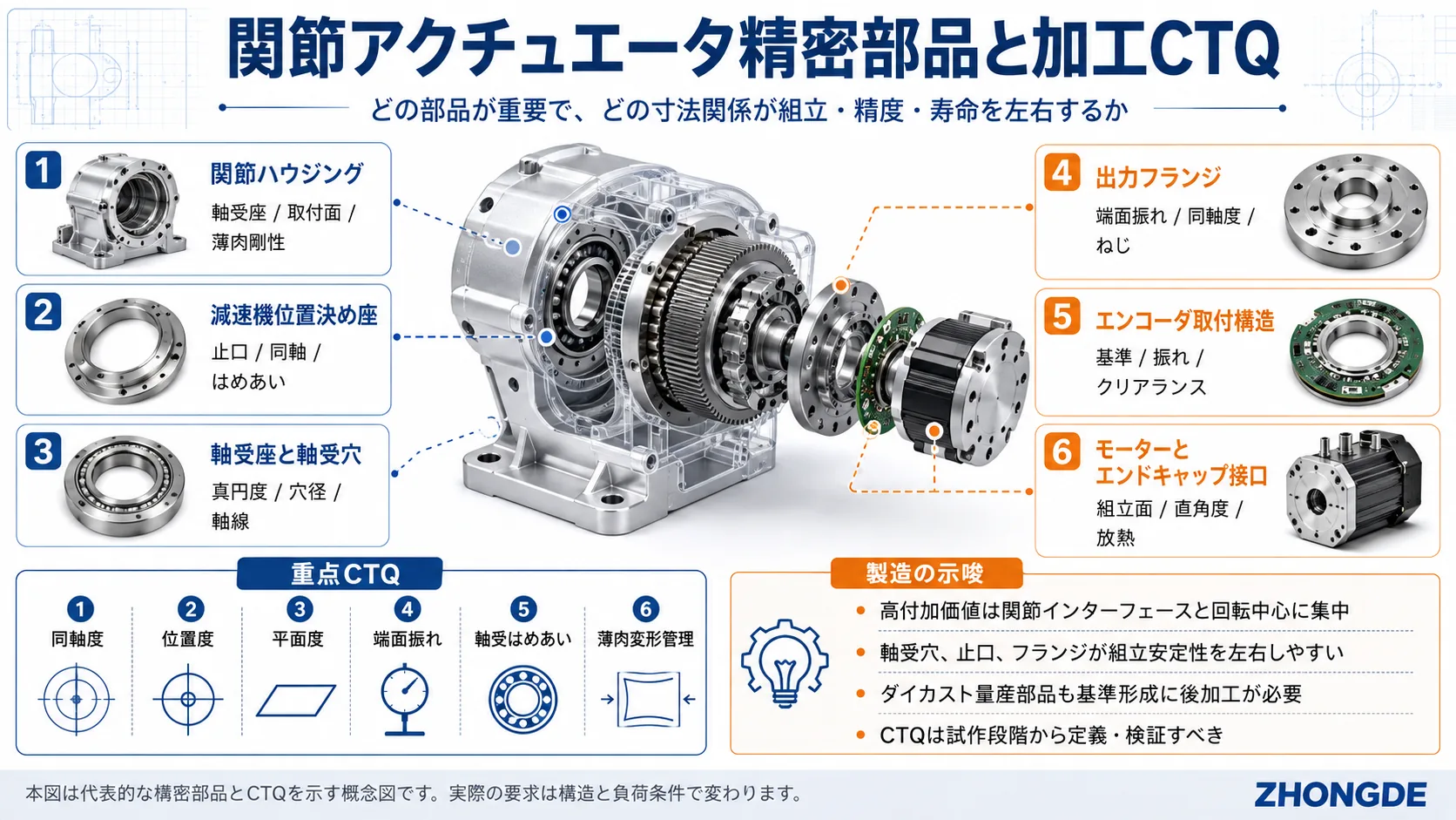関節アクチュエータ精密部品と加工CTQの図解。ハウジング、減速機位置決め座、軸受穴、出力フランジ、エンコーダ接口、モーター端部を示す