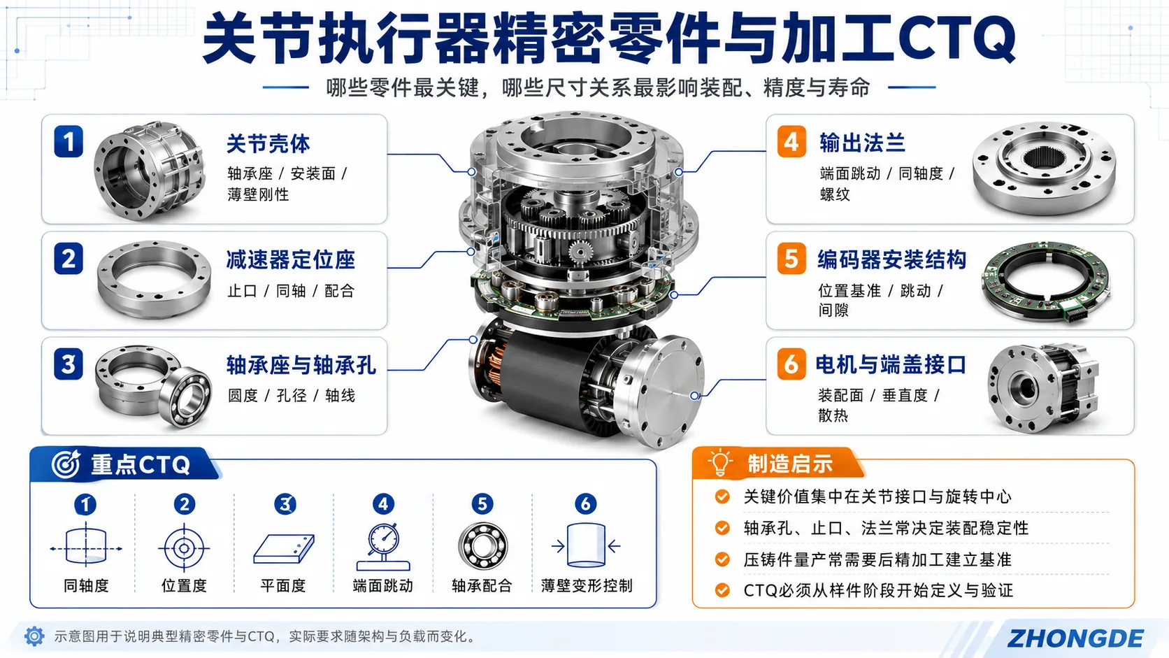 关节执行器精密零件与加工CTQ图解,展示关节壳体、减速器定位座、轴承座、输出法兰、编码器安装结构和电机端盖接口