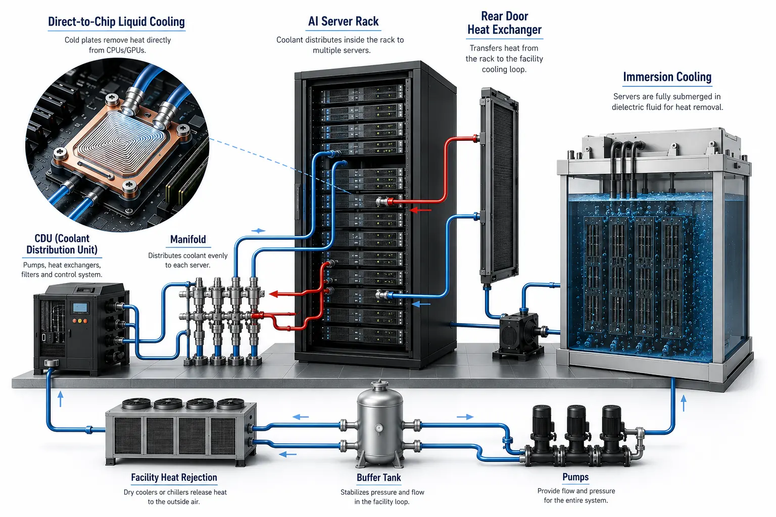 Overview of AI server and data center liquid cooling, including direct-to-chip cooling, manifolds, CDU, rear-door heat exchanger, immersion cooling and facility heat rejection