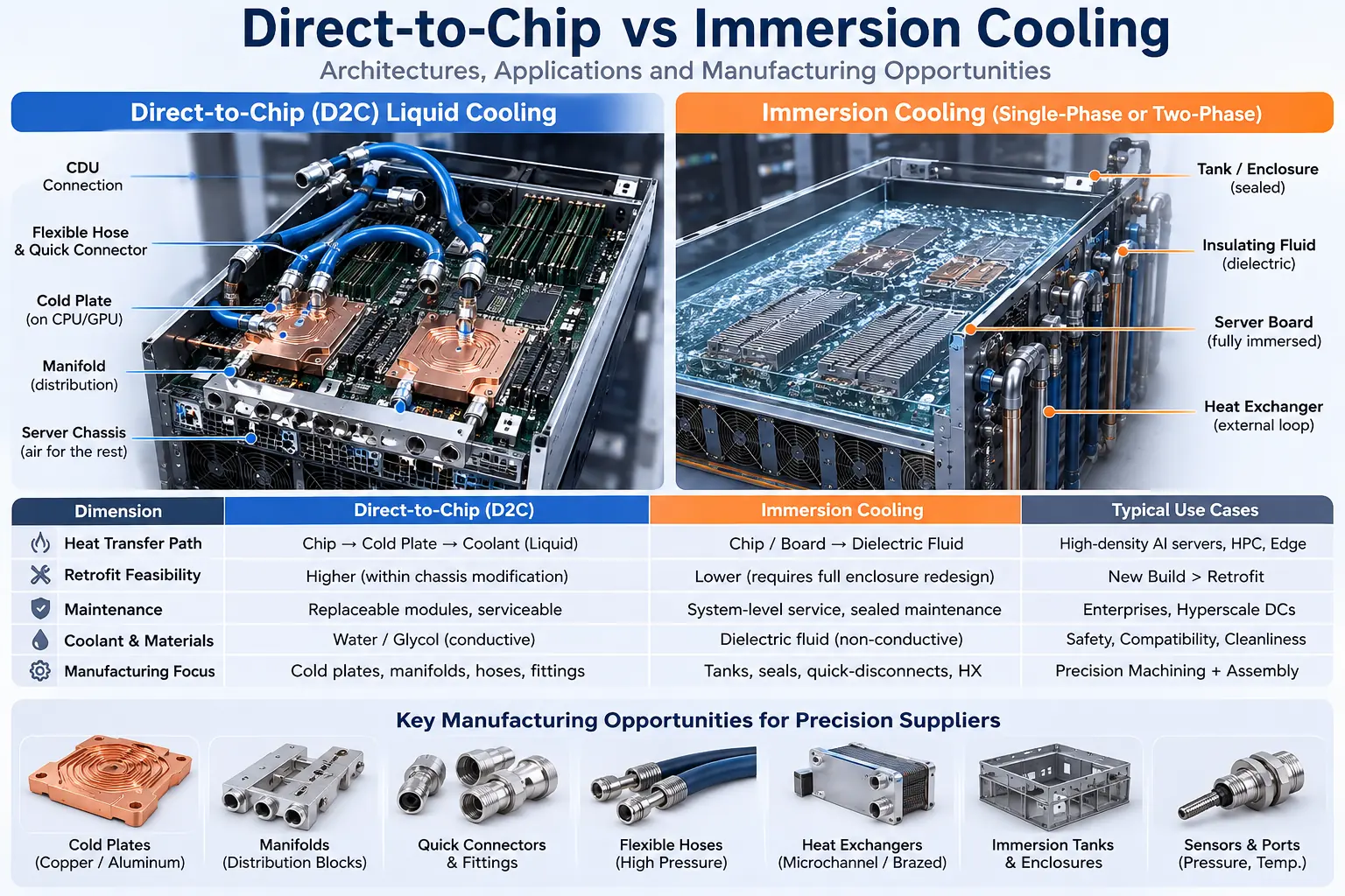 Comparison of direct-to-chip and immersion cooling architectures, liquid boundaries and manufactured parts