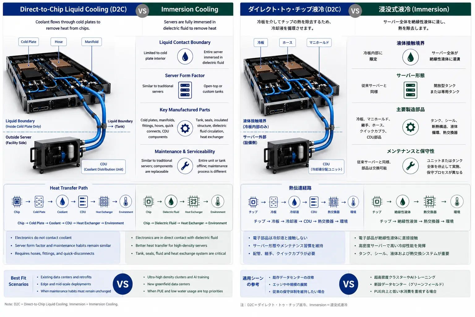 ダイレクト・トゥ・チップ液冷と液浸冷却の構成、液体接触範囲、サーバー形態、製造部品の比較図