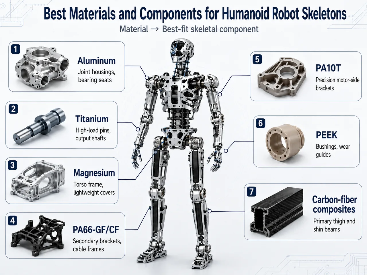 Best-fit materials and structural components for a humanoid robot skeleton