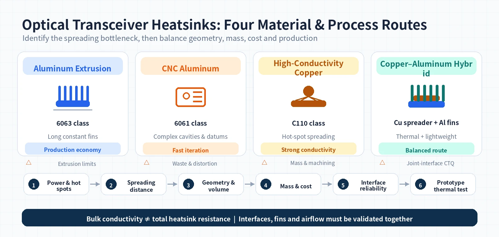 Comparison of 6063 aluminum extrusion, CNC-machined 6061 aluminum, high-conductivity copper and copper-aluminum hybrid structures for optical transceiver heatsinks