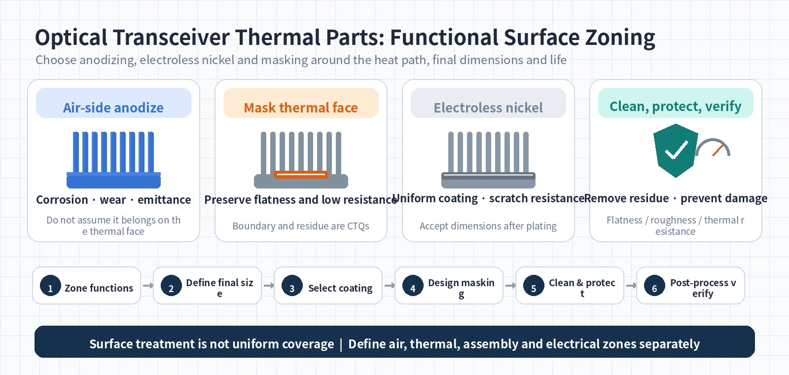 Anodizing, thermal-face masking, electroless nickel and post-treatment protection and inspection for optical transceiver thermal parts