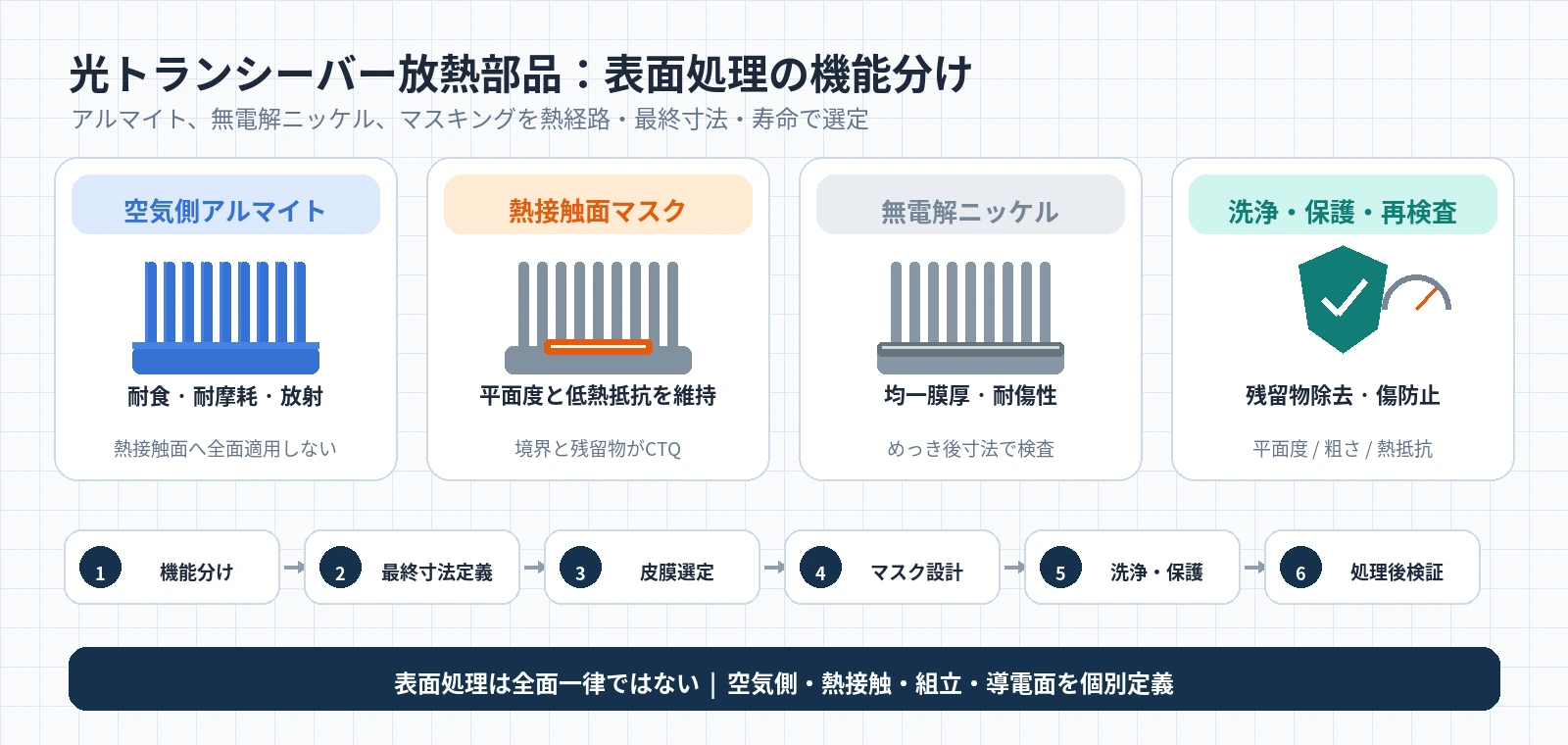 光トランシーバー放熱部品のアルマイト、熱接触面マスキング、無電解ニッケル、処理後保護と検査