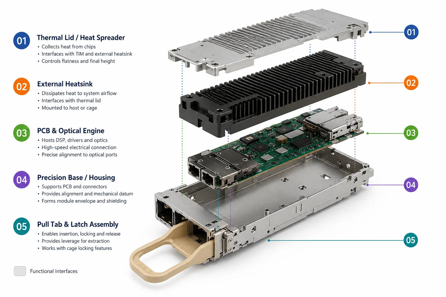 Exploded view of a high-speed optical transceiver showing the thermal lid, external heatsink, PCB and optical engine, precision base, and pull-tab latch structure