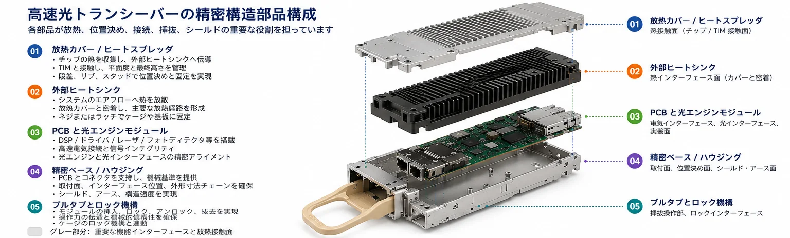高速光トランシーバーの精密構造部品を示す分解図。放熱カバー、外部ヒートシンク、PCBと光エンジン、精密ベース、プルタブとロック機構を示す