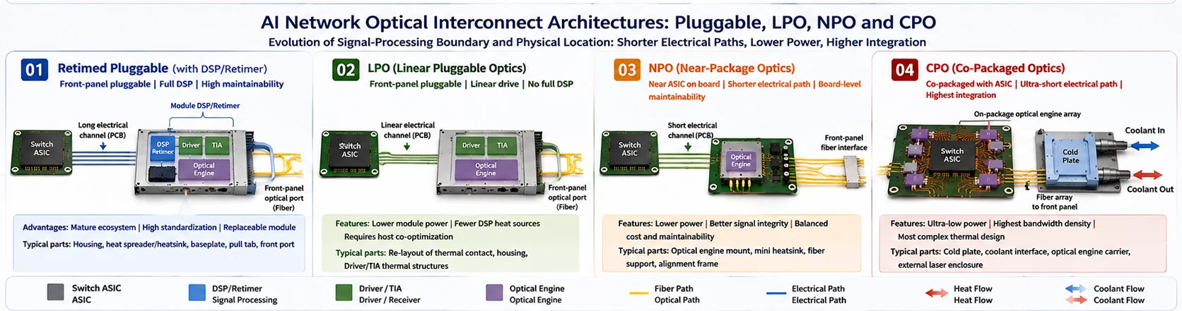 Comparison of retimed pluggable optics, LPO, NPO and CPO, showing DSP boundaries, optical-engine locations, electrical paths, fiber paths, thermal management and liquid-cooling structures