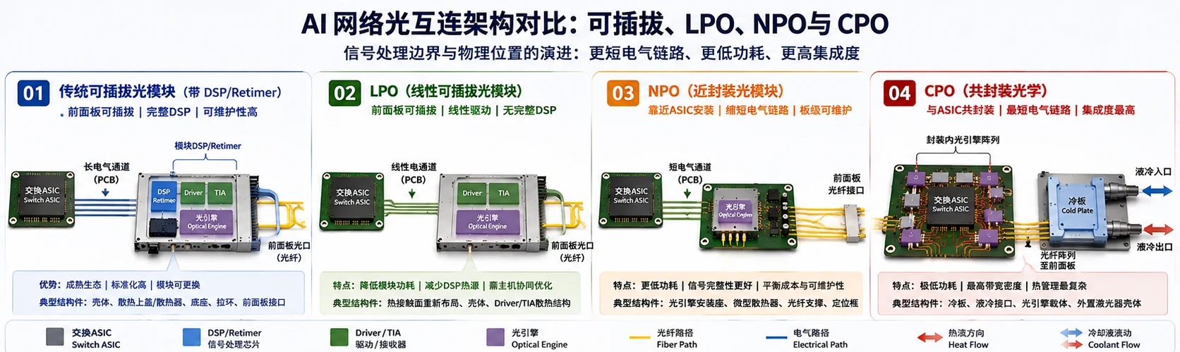 AI网络四种光互连架构对比图,展示传统可插拔光模块、LPO、NPO和CPO的DSP边界、光引擎位置、电气路径、光纤路径、热管理和液冷结构