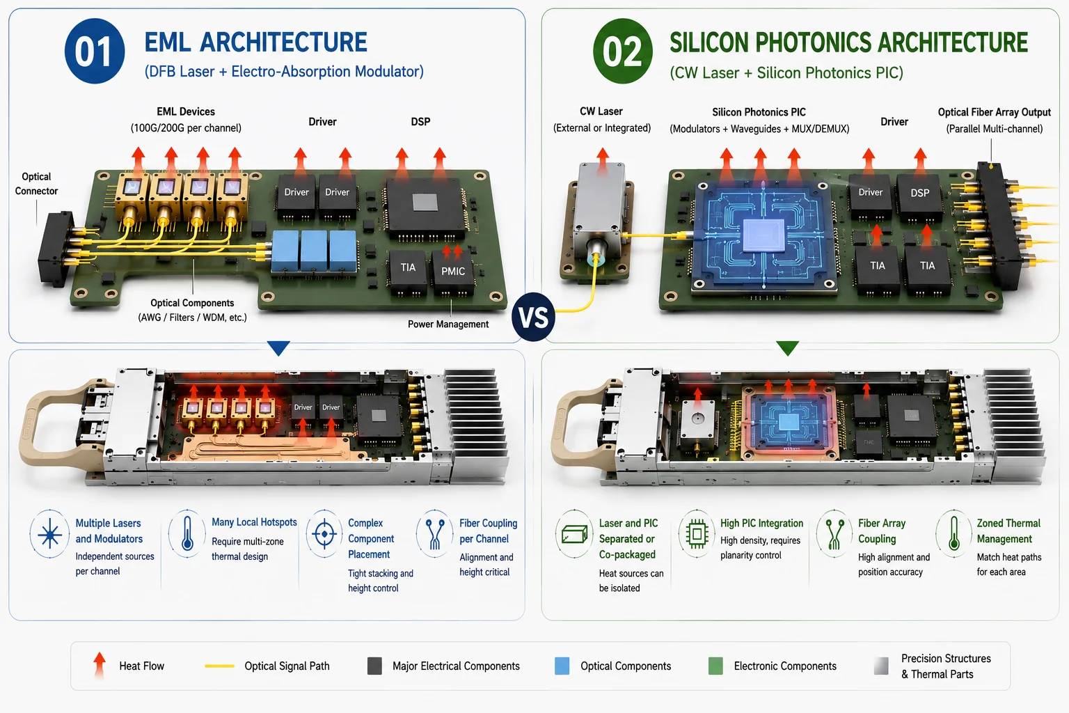 Comparison of EML and silicon-photonics optical transceiver architectures, showing DFB lasers, EML devices, CW lasers, silicon photonics PICs, drivers, DSPs, optical paths and heat-source distribution