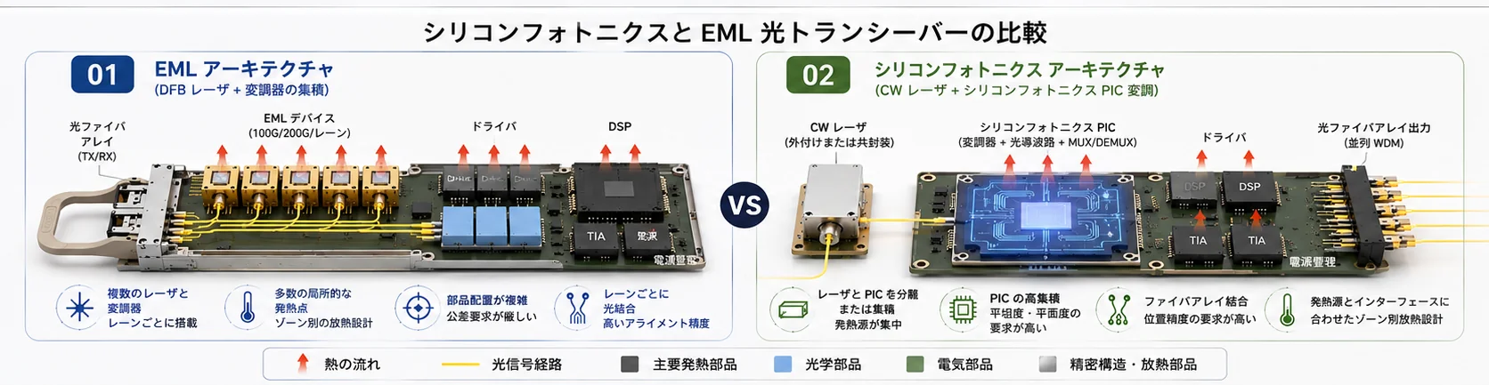 EML方式とシリコンフォトニクス方式の光トランシーバー構成比較。DFBレーザー、EMLデバイス、CWレーザー、シリコンフォトニクスPIC、ドライバー、DSP、光信号経路、発熱分布を示す
