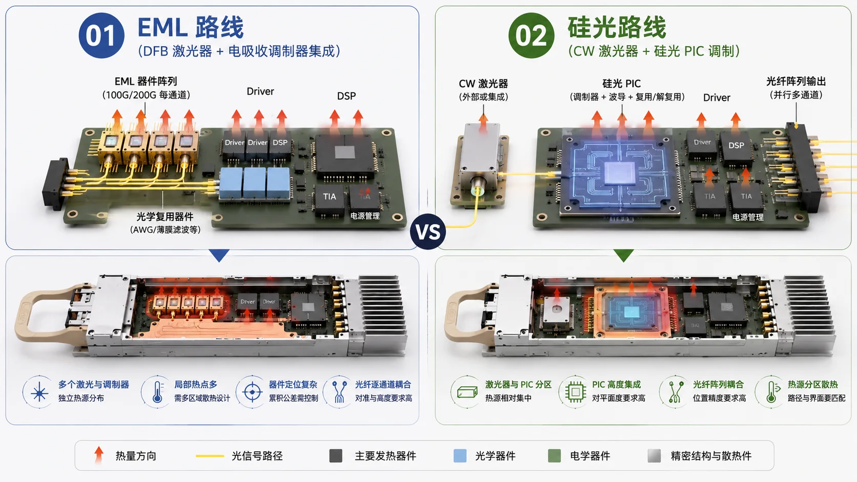 EML与硅光光模块架构对比图，展示DFB激光器、EML器件、CW激光器、硅光PIC、Driver、DSP、光信号路径和热源分布