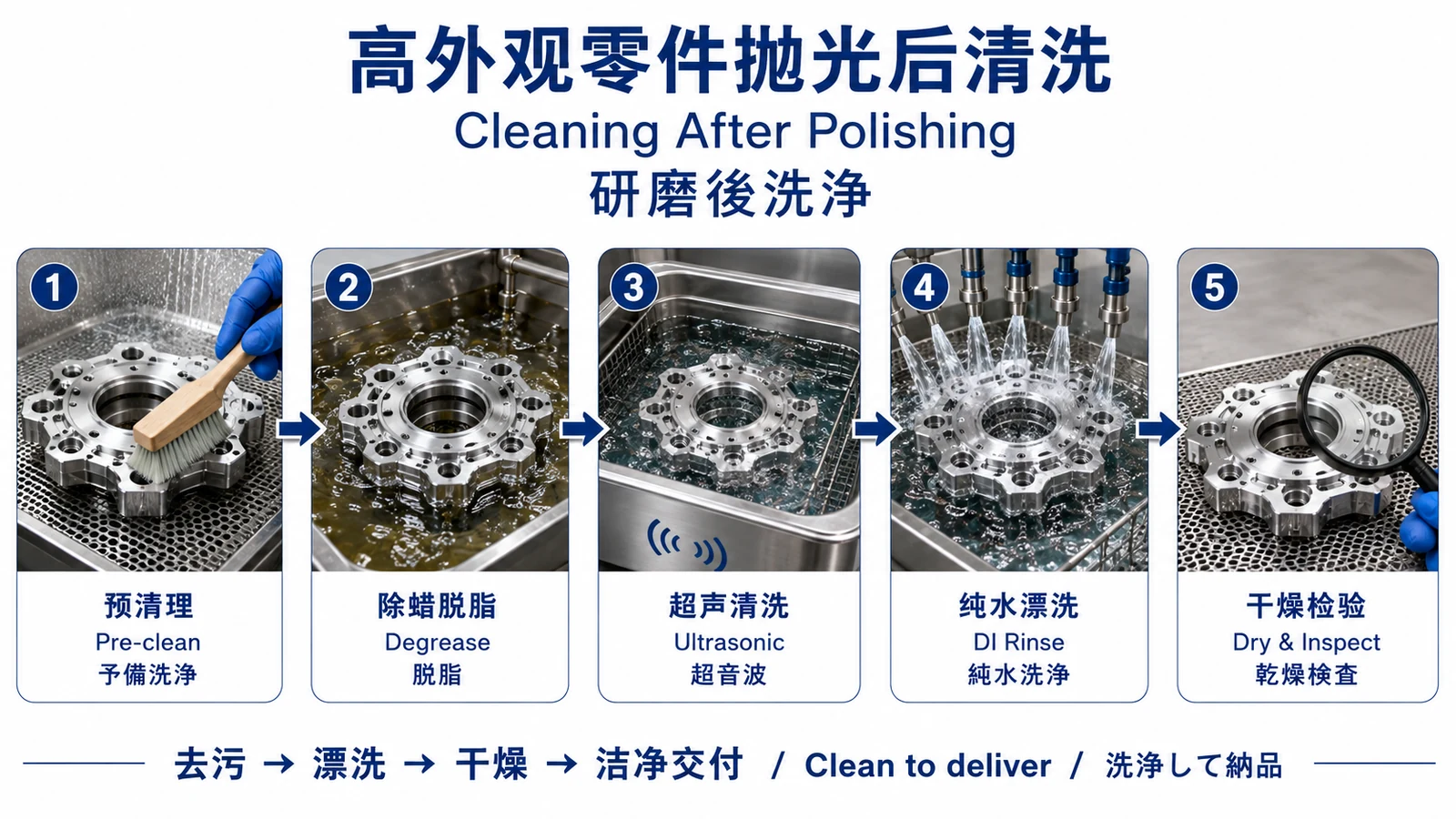 高外观精密零件抛光后的预清理、除蜡脱脂、超声波清洗、纯水漂洗和干燥检验流程
