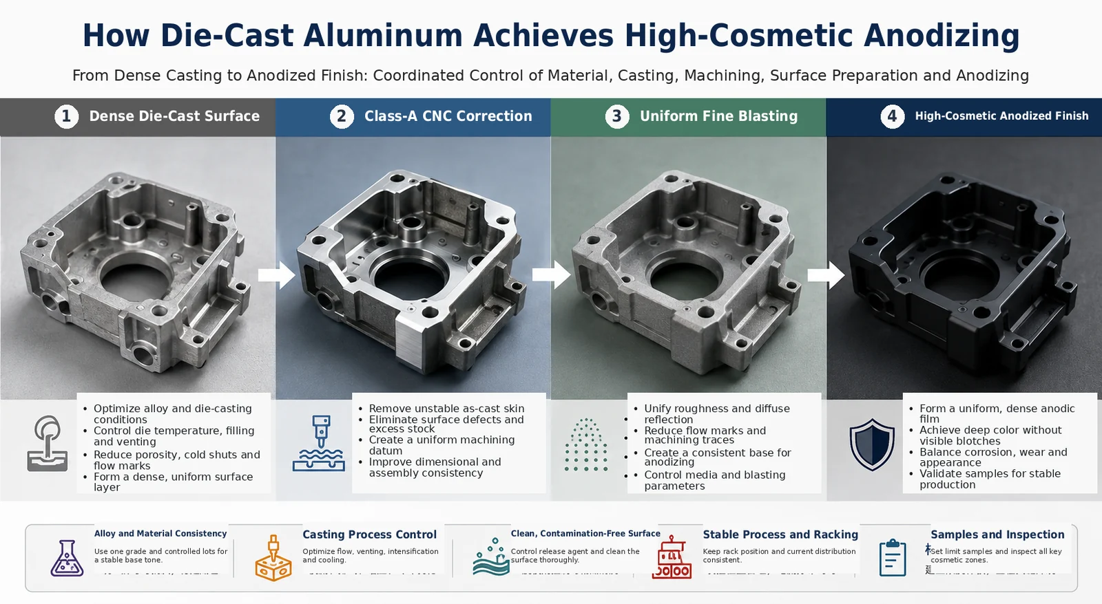 Key route for achieving high-cosmetic anodizing on die-cast aluminum parts: dense casting, class-A CNC correction, uniform fine blasting and the anodized final part