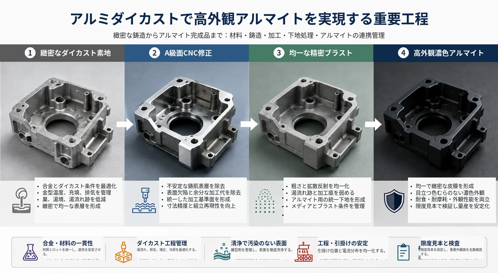 アルミダイカスト部品で高外観アルマイトを実現するための重要工程:緻密な鋳造、A級面CNC修正、均一な精密ブラスト、高外観アルマイト完成品