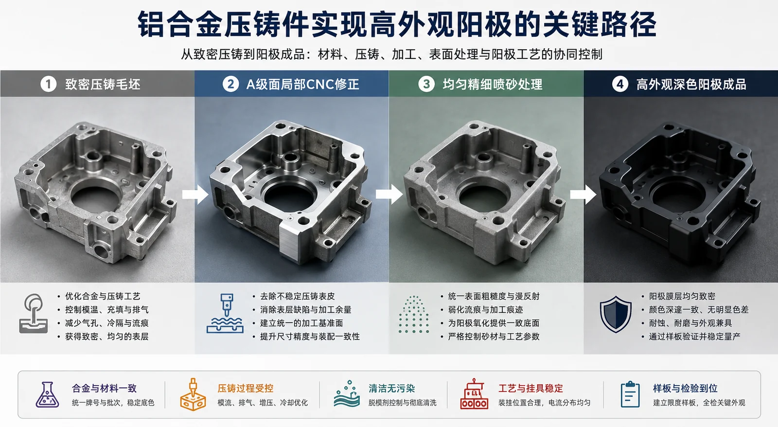 铝合金压铸件实现高外观阳极的关键路径:致密压铸、A级面CNC修正、均匀精细喷砂与高外观阳极成品