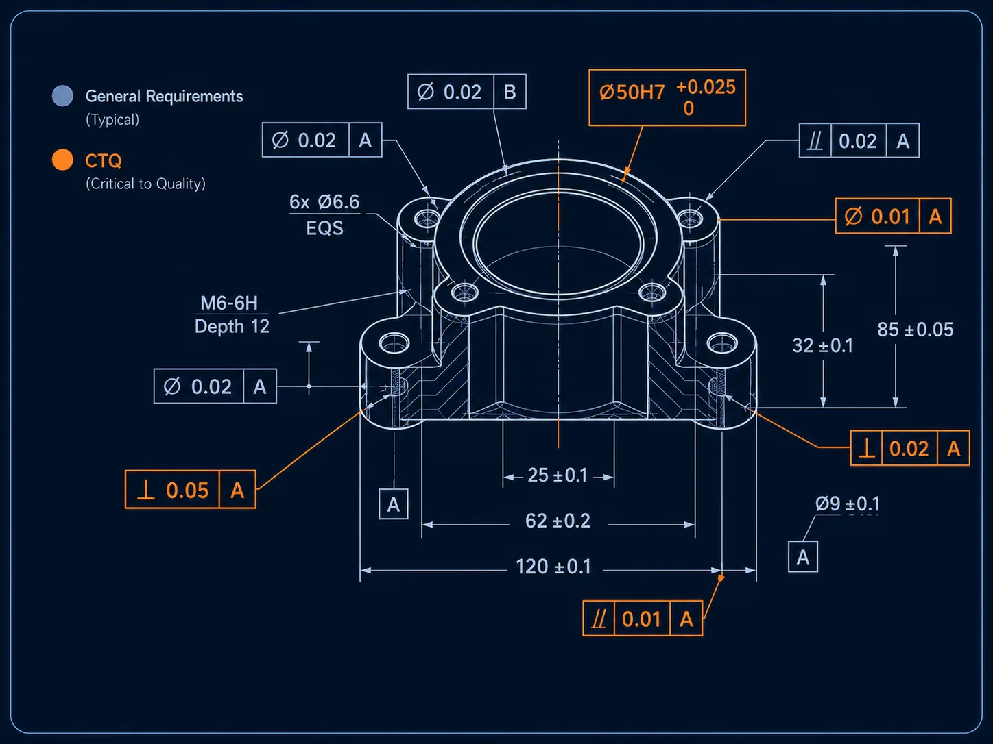 Engineering drawing illustrating general requirements and critical-to-quality characteristics