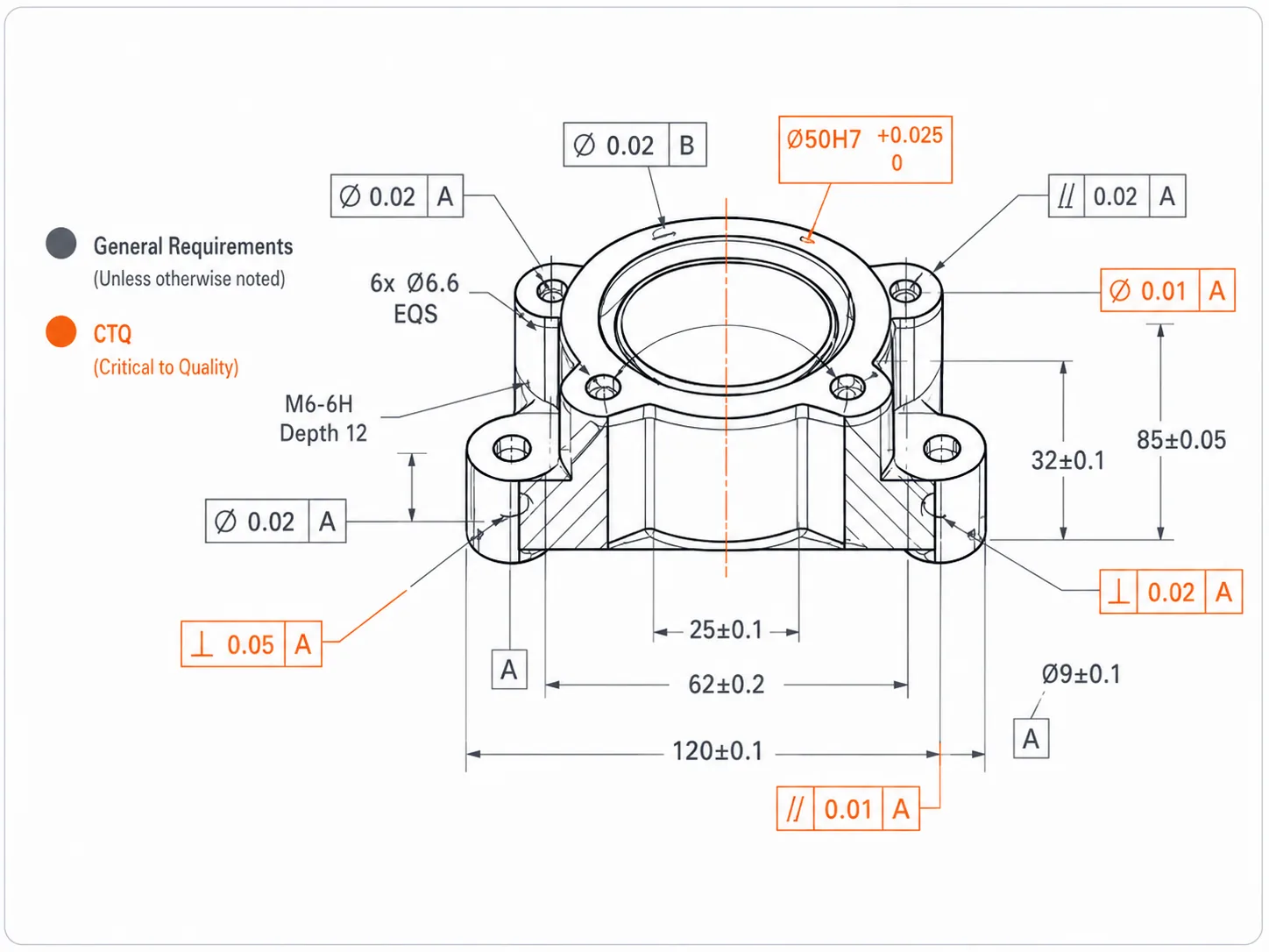 Engineering drawing illustrating general requirements and critical-to-quality characteristics