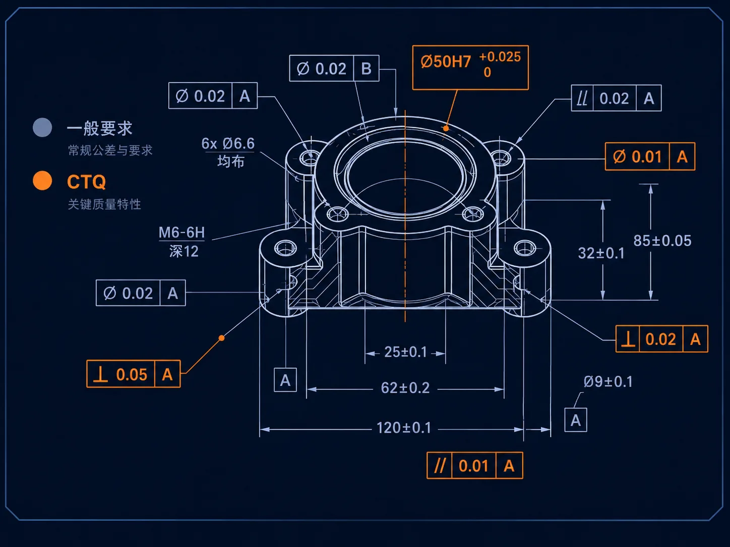 工程图纸中普通尺寸要求与CTQ关键质量特性的对比示意图