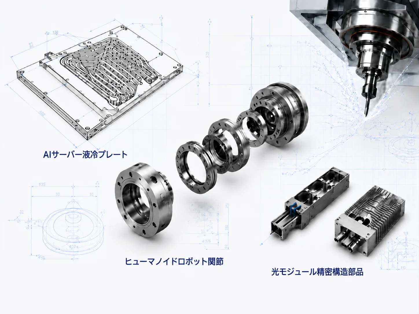 AIサーバー向けコールドプレート、ヒューマノイドロボット関節、光トランシーバー精密構造部品
