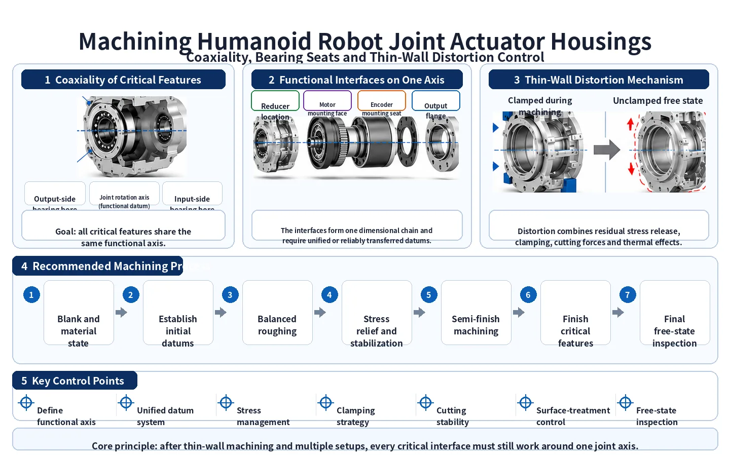 Engineering diagram of coaxiality, bearing seats, thin-wall distortion and the machining process for a humanoid robot joint actuator housing