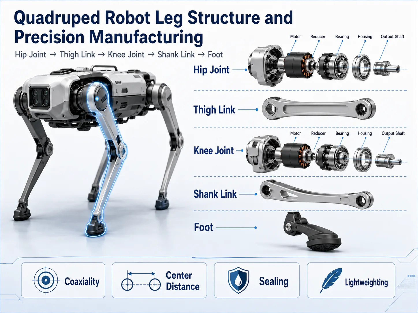 Quadruped robot leg structure and precision manufacturing