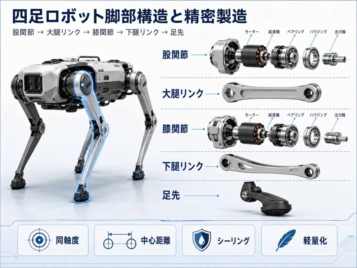 四足歩行ロボット脚部構造と精密製造